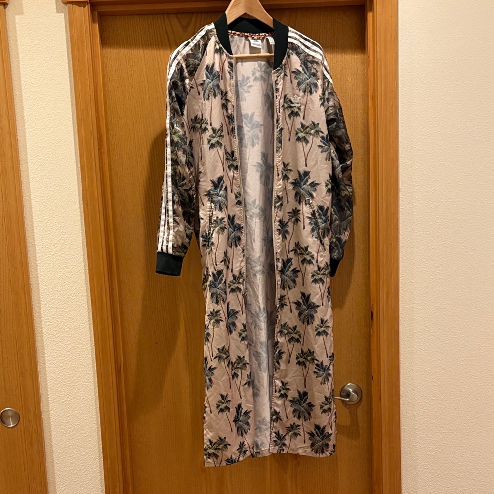 adidas Palm Print Longline Bomber Jacket - Black and Cream